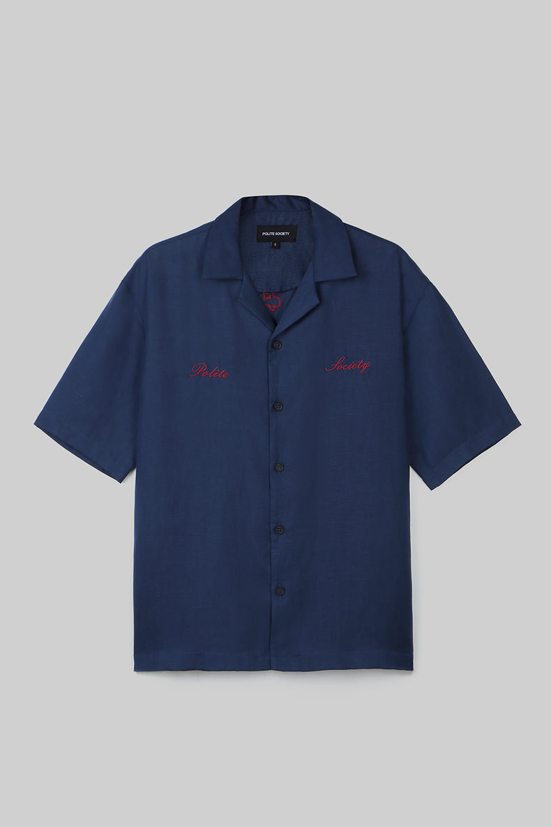 HAND APPLIQUE BOWLING SHIRT - NAVY