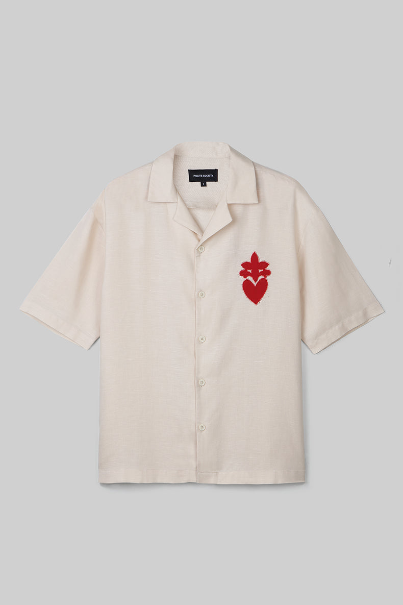 HAND APPLIQUE BOWLING SHIRT - ALMOND