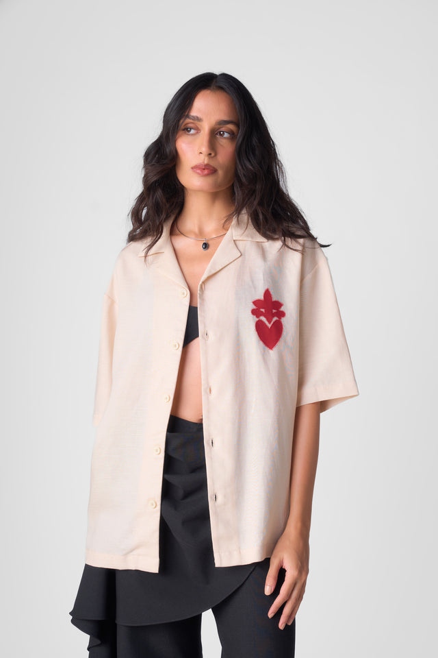 HAND APPLIQUE BOWLING SHIRT - ALMOND