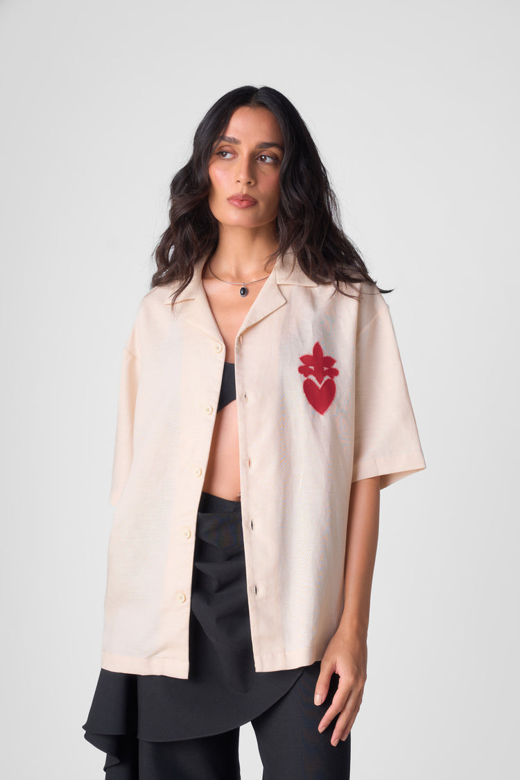 HAND APPLIQUE BOWLING SHIRT - ALMOND