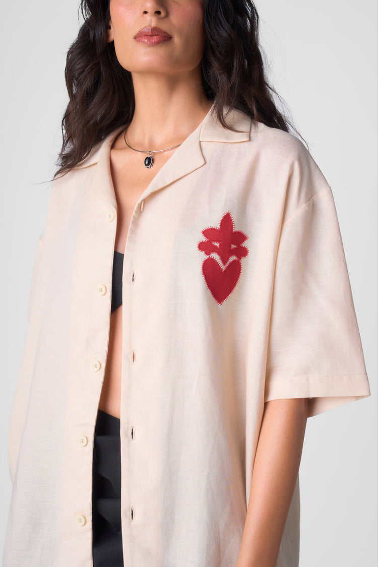 HAND APPLIQUE BOWLING SHIRT - ALMOND