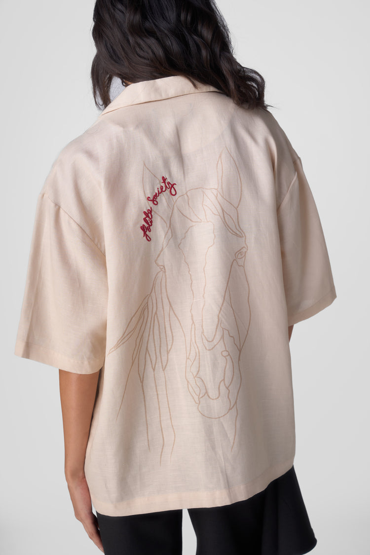 HAND APPLIQUE BOWLING SHIRT - ALMOND