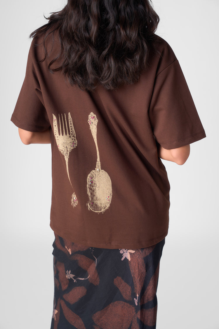 CUTLERY BEADED T-SHIRT BROWN