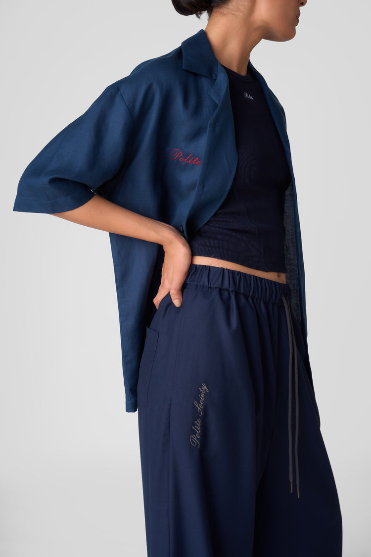 HAND APPLIQUE BOWLING SHIRT - NAVY