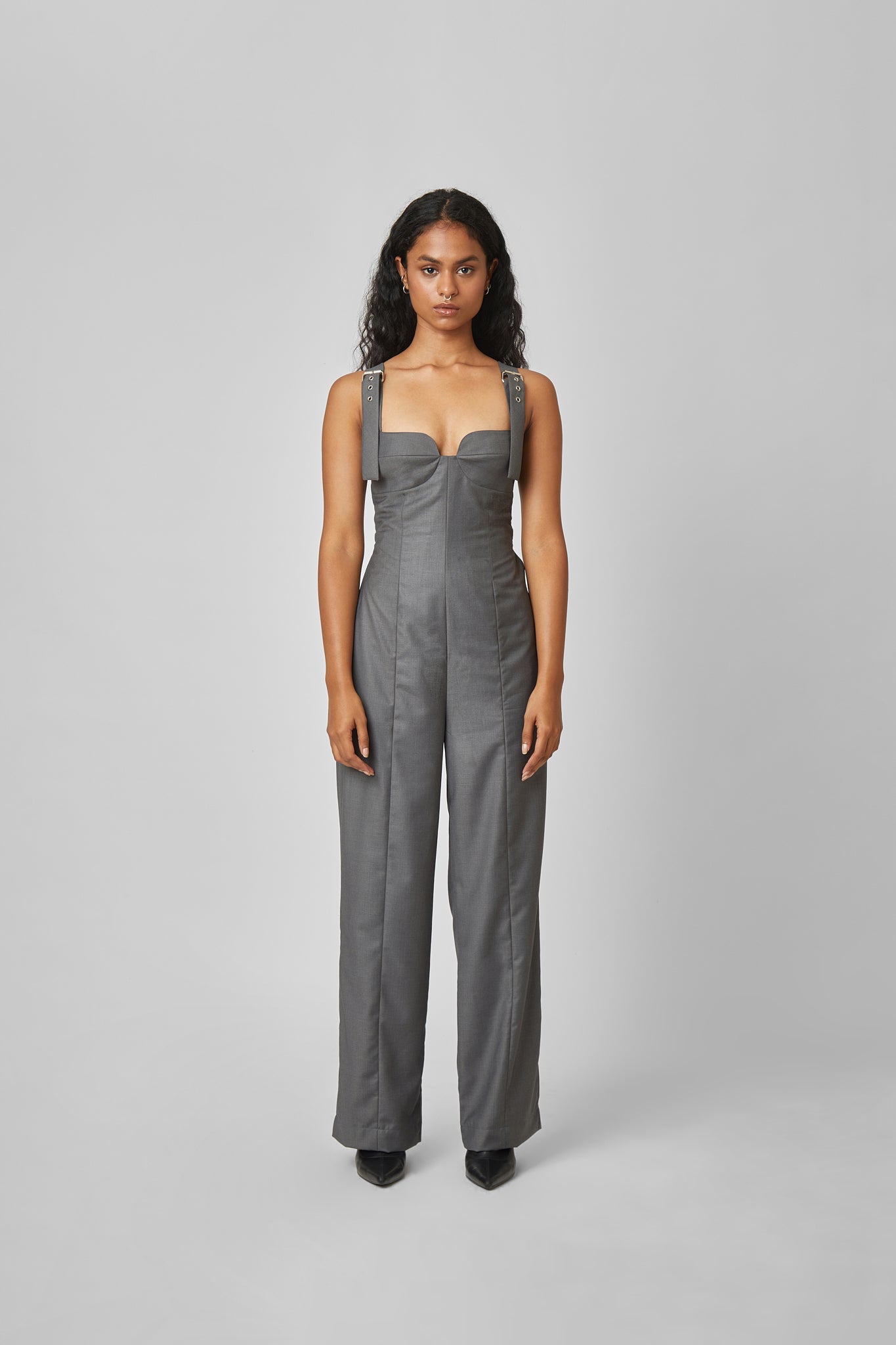 Belt-Strap Open Back Jumpsuit – Charcoal Black Jumpsuit - PS