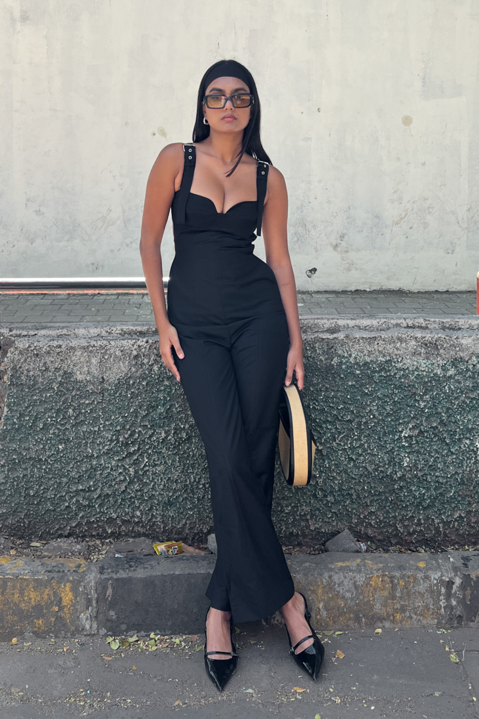 Belt-Strap Open Back Jumpsuit – Charcoal Black Jumpsuit - PS