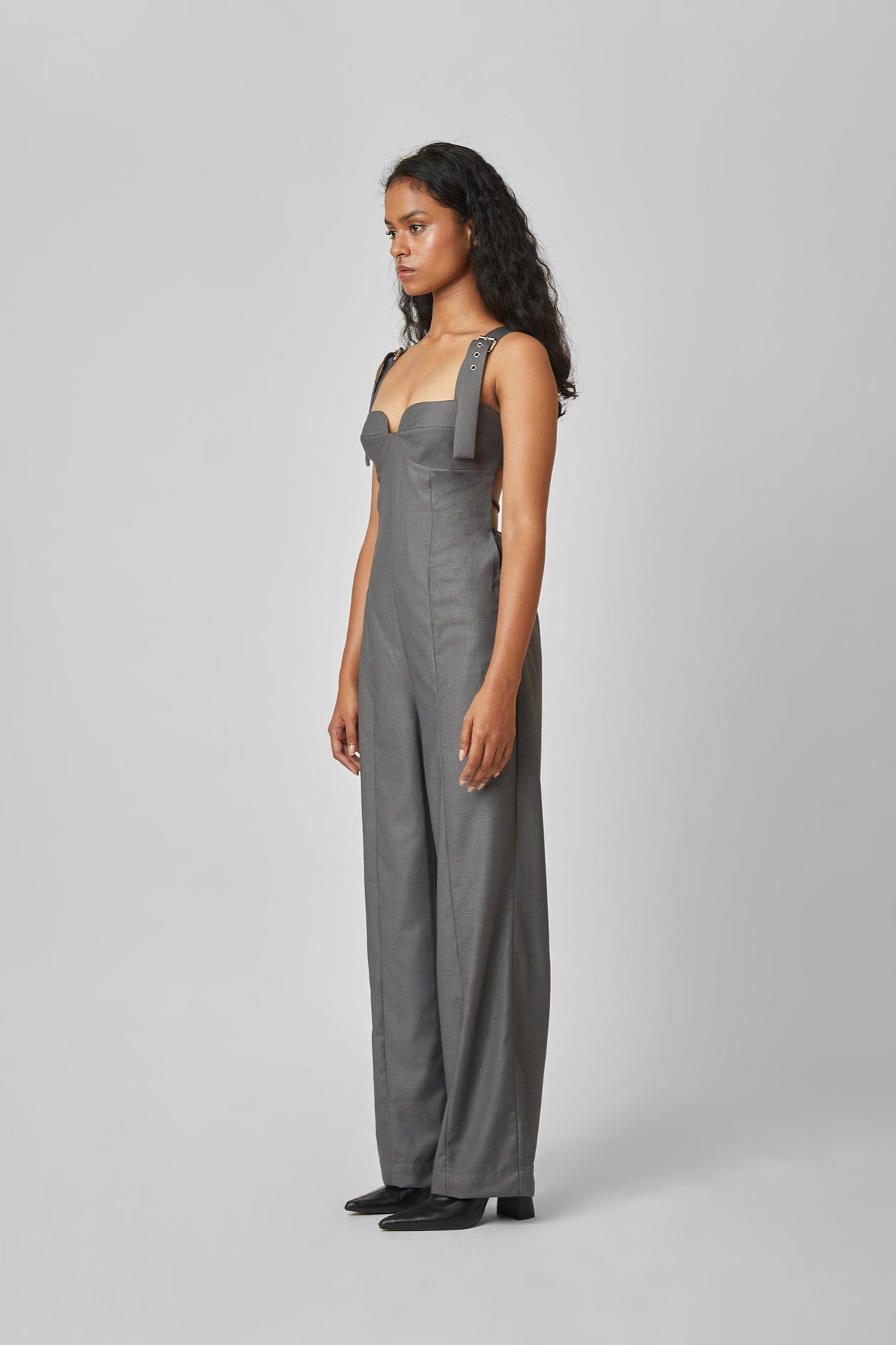 Belt-Strap Open Back Jumpsuit – Charcoal Black Jumpsuit - PS