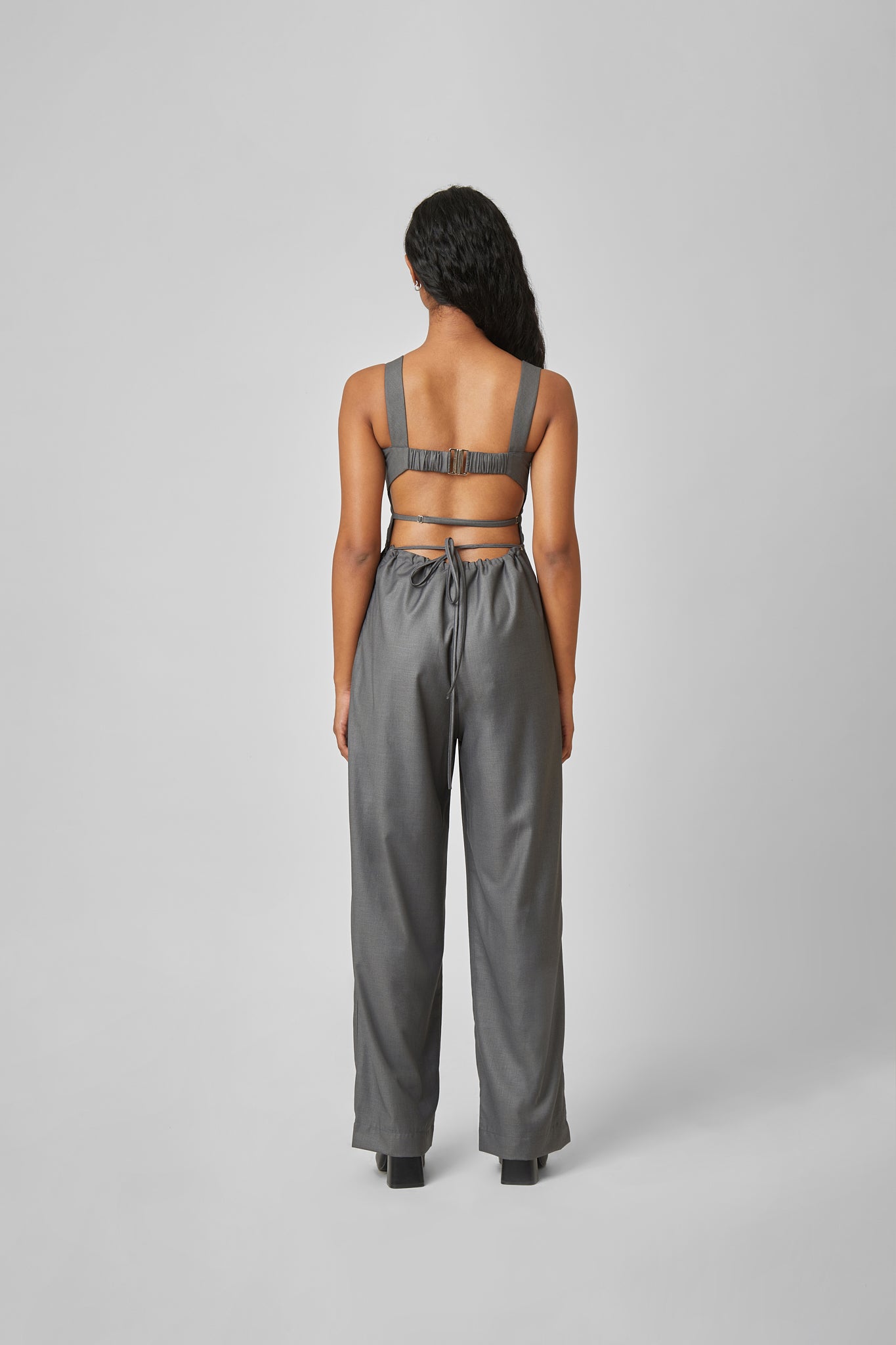 Belt-Strap Open Back Jumpsuit – Charcoal Black Jumpsuit - PS