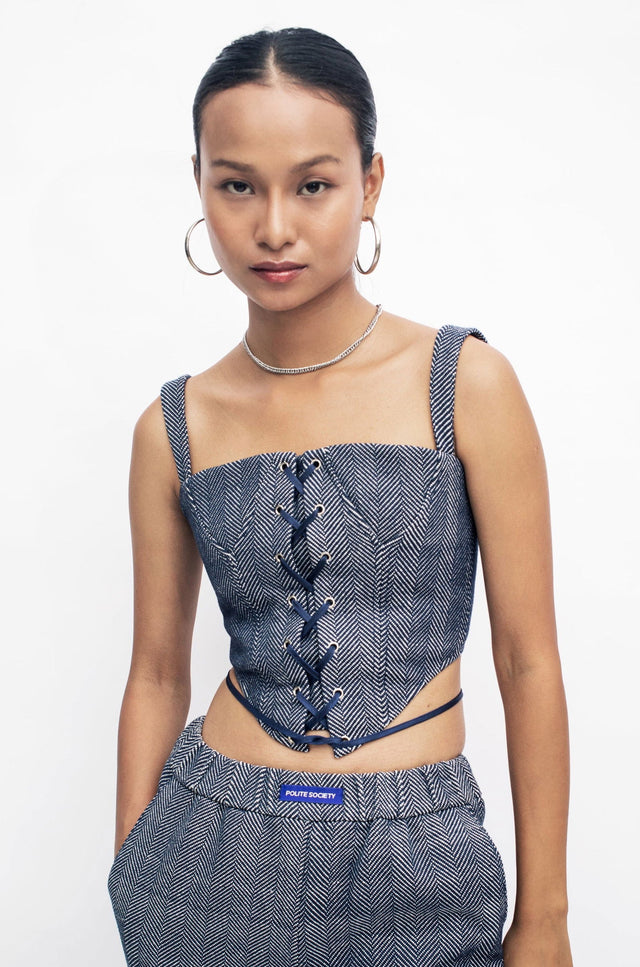 FRONT LACE CORSET TOP: HERRINGBONE - Polite Society